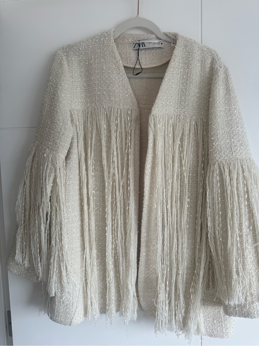 ZARA Cream Bouclé Fringe Blazer
